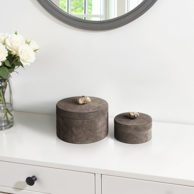 Sagebrook Home 2-Pieces Harare Suede Boxes With Stone Knob, Gray