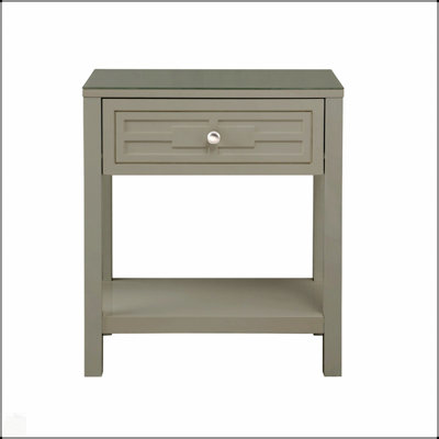 Table de bout en bois taupe 23 po avec plateau en verre et tiroir Dylan, pour la vie moderne et l'organisation