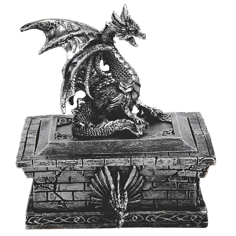 5.5"H Silver Dragon Guarding Rectangular Trinket Box