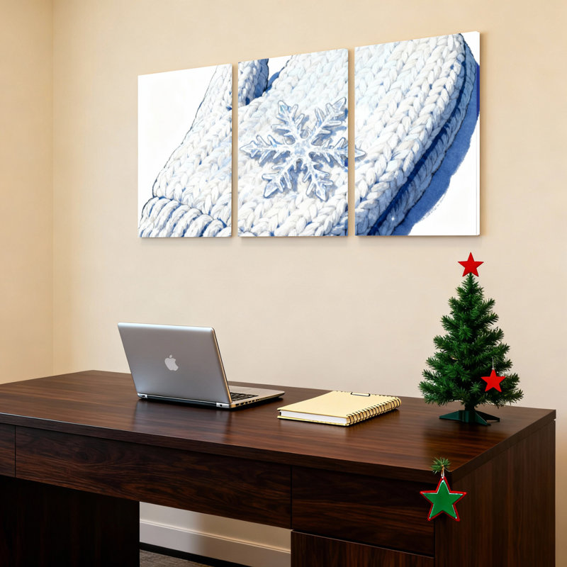 Ensemble de 3 tableaux sur toile à motif flocon de neige tricoté, pour salon, chambre ou décoration hivernale