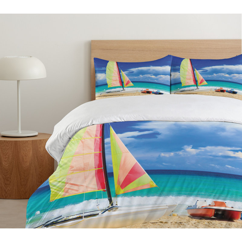 Queen Size Coastal Beach Print Microfiber Duvet Cover Set