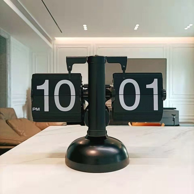 Flip Desk Clock (Black), Retro Vintage Design Auto Flip Desk/Table Clock Large Number Battery Powered Internal Gear Operated