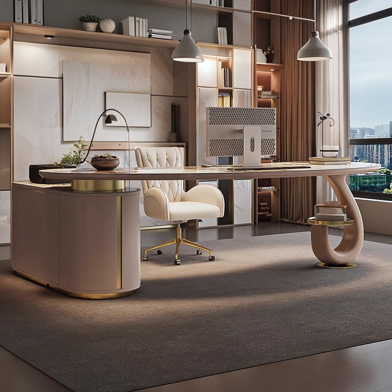 Bureau italien en pierre frittée de luxe italien | Plateau elliptique | Conception créative des pieds