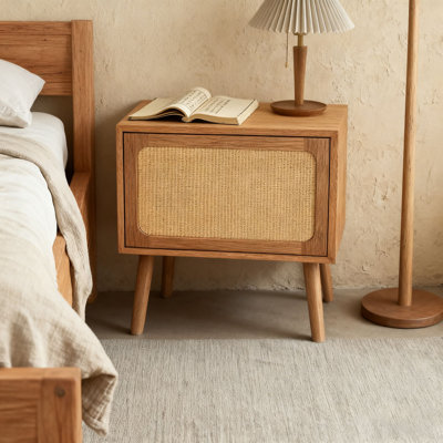 Rotating Hidden Compartment Nightstands, Mid Century Modern Concealment Furniture, Rattan Bed Side Table, Compartment End Table with Wood Legs, Bedside Tables for Bedroom, Living Room