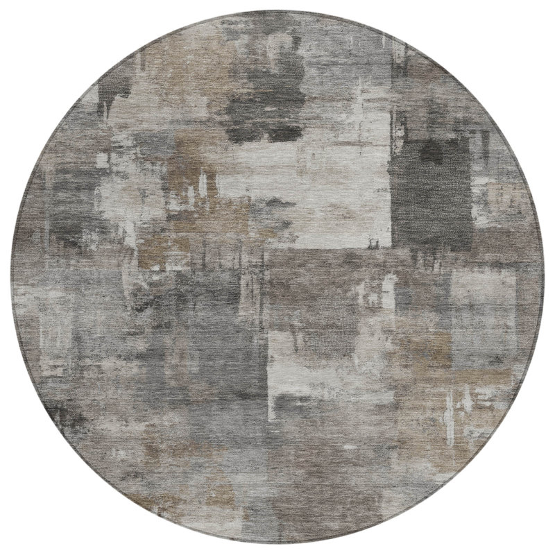 Tapis extérieur rond lavable abstrait kaki et gris anthracite 8 pi