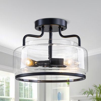 3-Light Industrial Metal And Clear Glass Drum Semi Flush Mount Ceiling Light