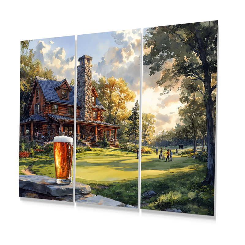 Parcours de golf vert avec chalet confortable IV - ensemble d'art mural de golf, Métal métal, H 32 po x l 48 po x P 1 po