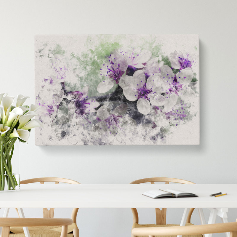 White And Purple Blossoms Watercolour - Wrapped Canvas Print, 35cm H x 50cm W x 3cm D