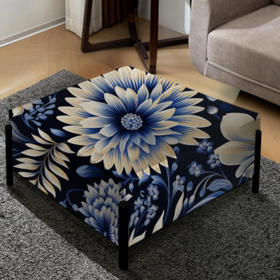 Blue And White Dahlia Damask Harmony - Floral Large Square Ottoman