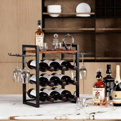 Wine Rack Countertop, Wine Glass Holder And Bottle Holder With Tray, Countertop Liquor Storage Holds 9 Liquor Bottles And 4 Glasses, Freestanding Liqu