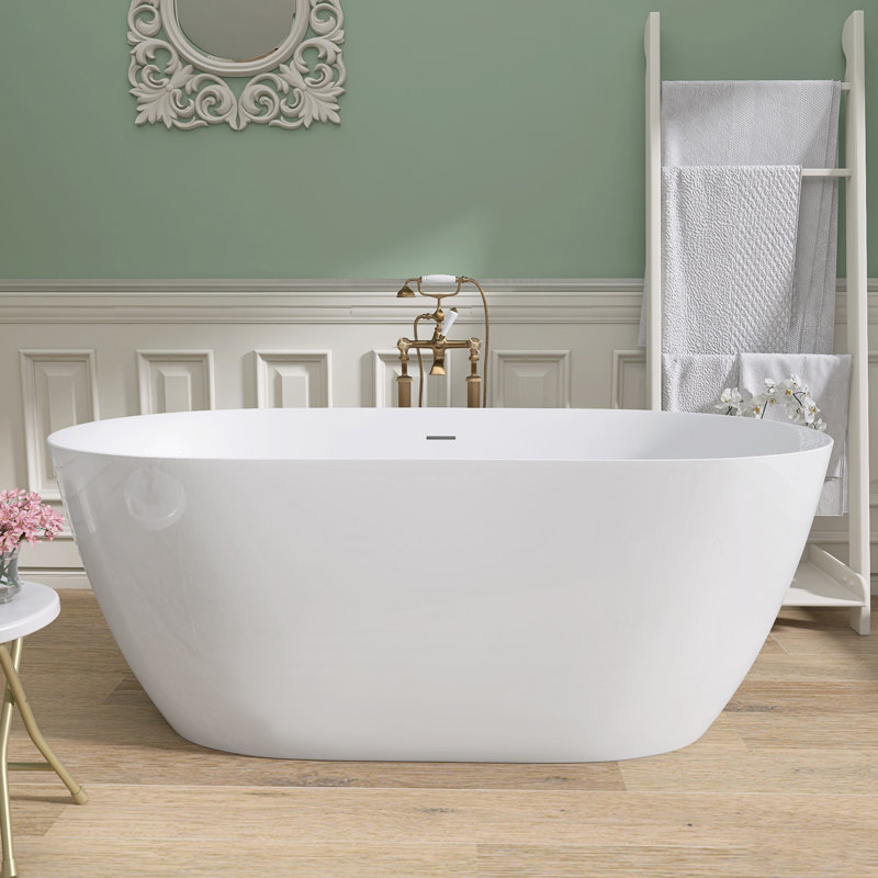 Acrylic Freestanding Soaking Bathtub 55'' x 27.5'' Contemporary Stand Alone White Tub with Pop-up Centre Drain, White