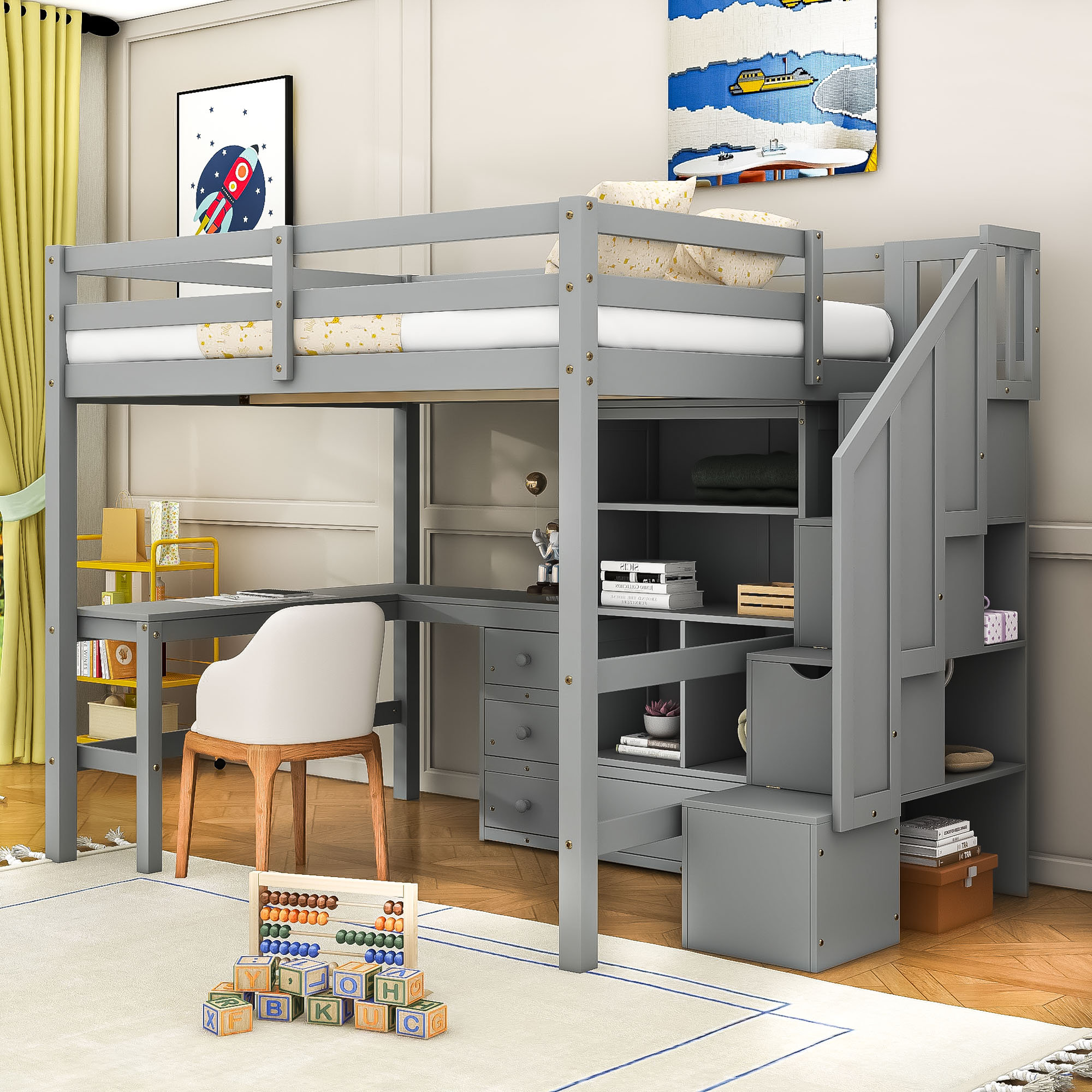 Harriet Bee Full Size Wooden Loft Bed Built In L-Shaped Desk, Staircase ...