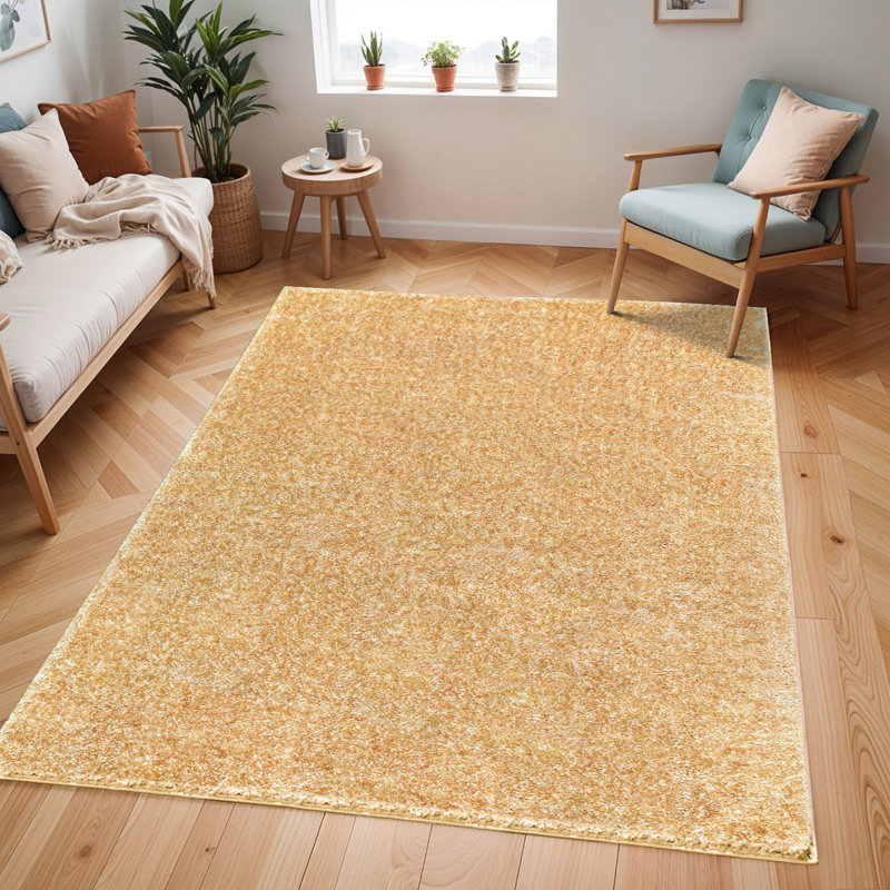 Yellow Modern Shaggy Rug, Plain Easy to Clean Rug For Living Room, Dining Room, Bedroom, Kitchen, Rectangle 120 x 170 cm