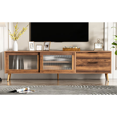 Tv Console With 2 Doors And Storage, 70" Cabinet, Drawers, Walnut, Living Room 75"+ Stand Drawers Doors, Entertainment Center