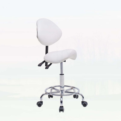 Ergonomic Saddle Stool with Adjustable Backrest, Swivel Seat, and Wheels for Medical and Dental Use - White