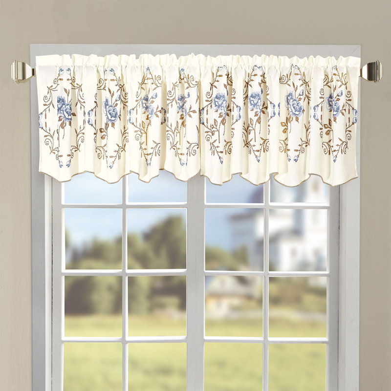 Floral Embroidery Scalloped 60.00'' Window Valance, Gray/Blue
