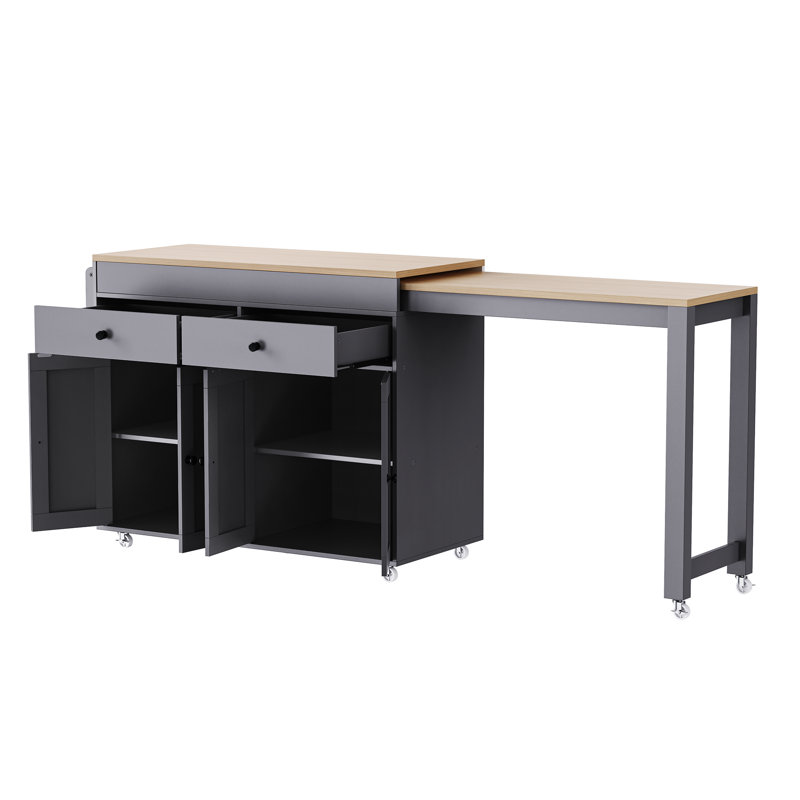 Îlot de cuisine 74,5 po Modern avec table de salle à manger extensible avec support à épices et 2 tiroirs Modern, Gris