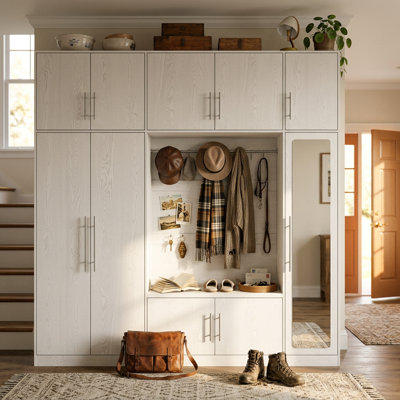 90.5'' H x 88.4'' W Modern Hall Tree with Storage Cabinets, Shoe Rack, Coat Hooks and Full-Length Mirror, Entryway Mudroom Organizer with Adjustable Shelves