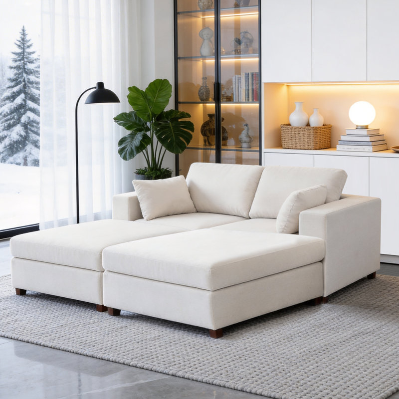 Canapé d'angle rembourré 2 pièces avec 2 repose-pieds, Chenille beige