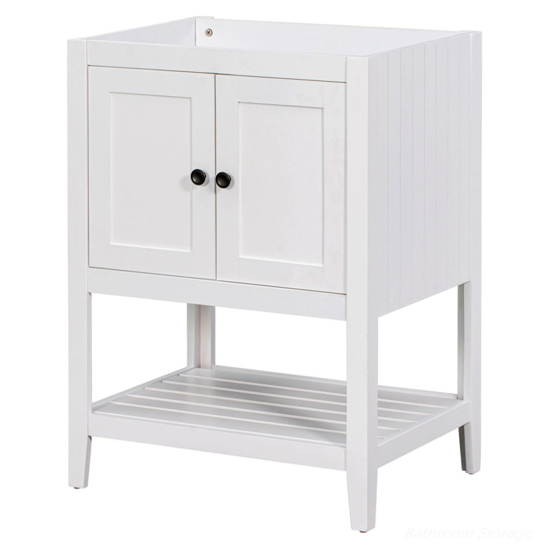Petite base de meuble-lavabo, armoire de rangement à cadre en bois avec portes et tablette ouverte, Blanc