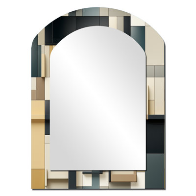 Parrsboro Taupe Geometric Blocks Harmony - Geometric Arch Decorative Mirror, Modern Asymmetrical Wall Mirror, Printed Metal Art