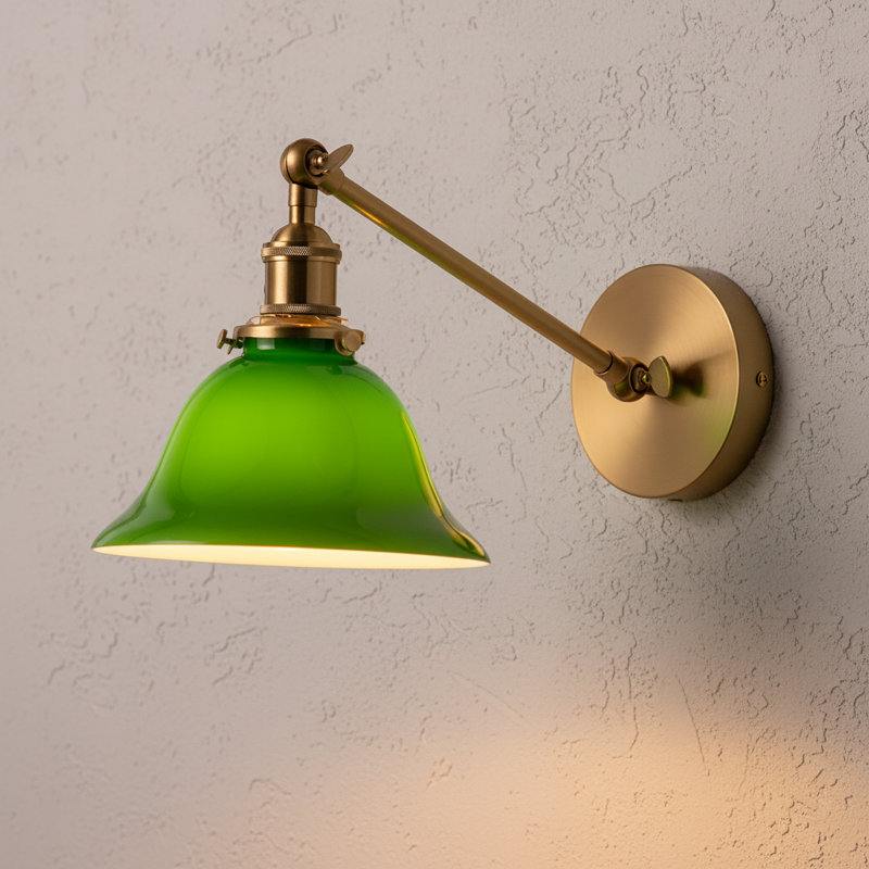 Mid-century Green Glass Wall Sconce – Brass Indoor Light Fixture With Adjustable Arm, E26 Socket & Vintage Dome Shade