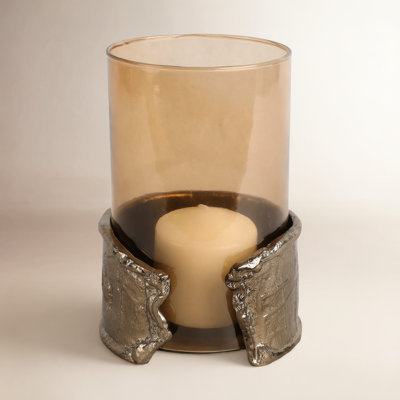 Modern Tinted Glass Candle Holder with Metal Wraparound Accent - Decorative Pillar Candlestick Holder for Tabletop Home Decor - Brown