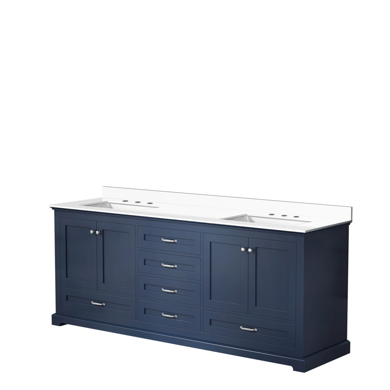 Double Bath Vanity with White Quartz Top, Navy Blue