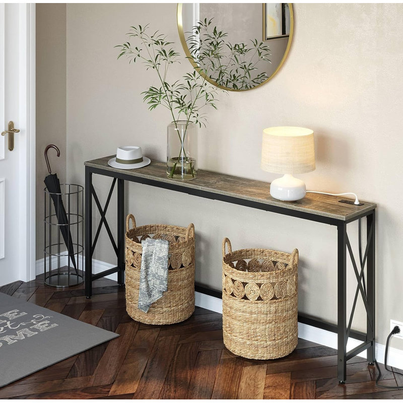 Console Table with Power Outlet, Narrow Sofa Table, Farmhouse Table Behind Sofa Couch, 31.5" H x 70.8" W x 11.8" D, Grey