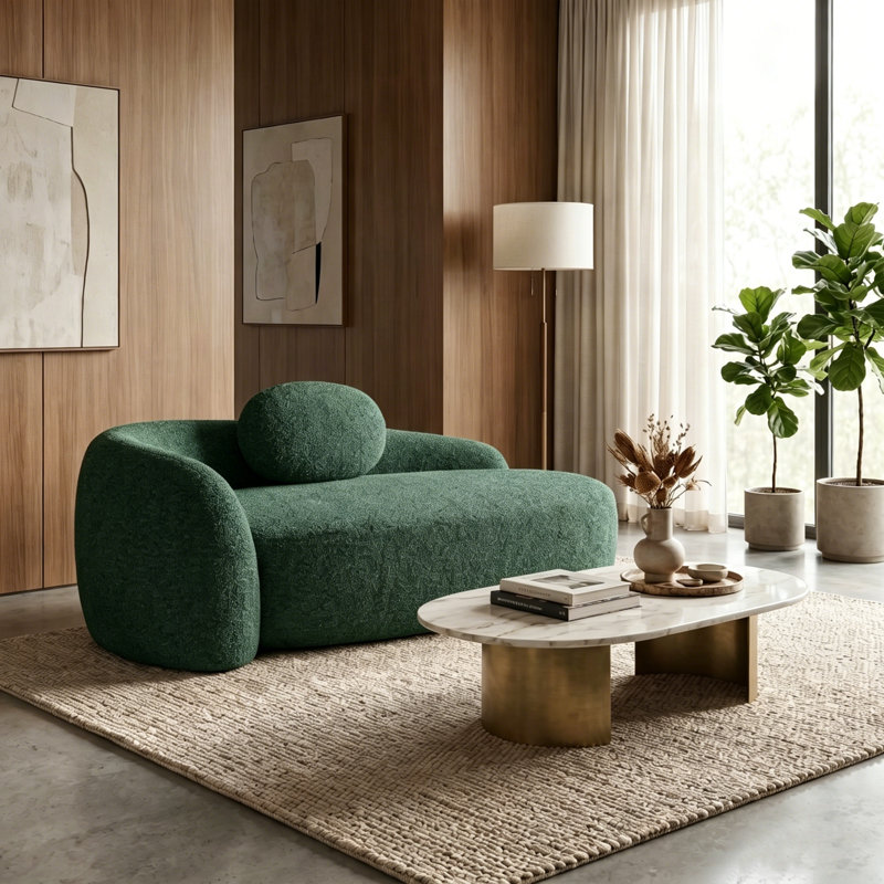 Modern Bouclé Curved Accent Chair, 33" Wide Asymmetric One-Arm Lounge Chair with Matching Pillow, Green