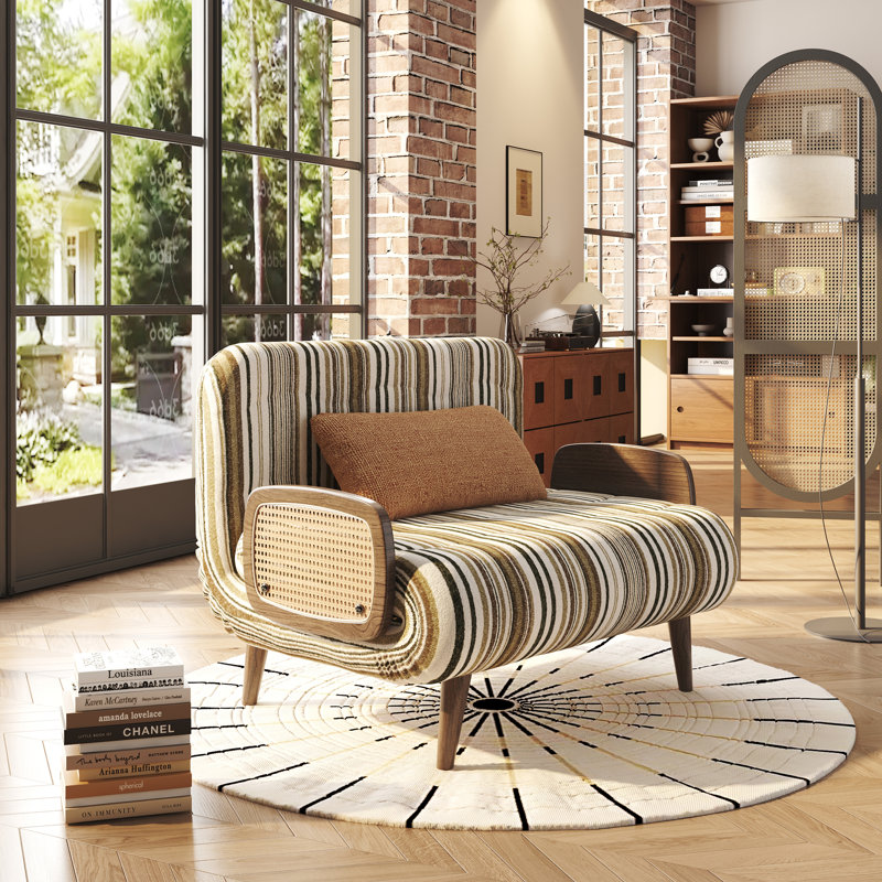 3-in-1 Convertible Sleeper Chair, Mustard Yellow Striped Accent Chair Bed with PE Wicker Side Panels