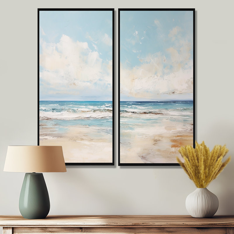 Ensemble de 2 décorations murales bord de mer beige et bleu, H 40 po x l 40 po, Reproduction encadrée sans passe-partout