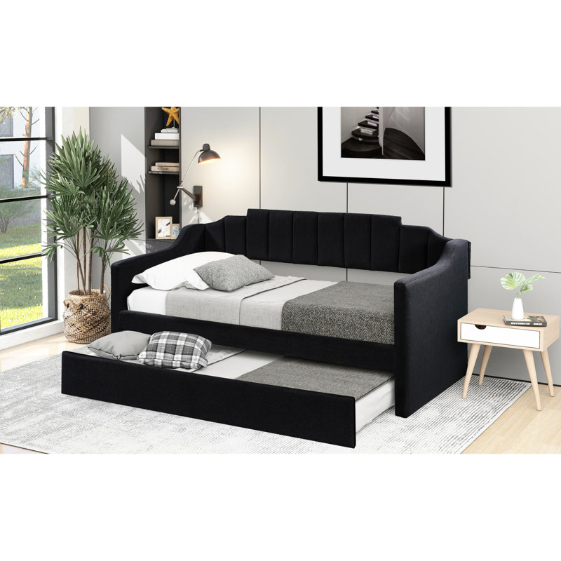Lit de jour simple rembourré avec lit gigogne, noir - Option de couchage polyvalente Lit gigogne spacieux