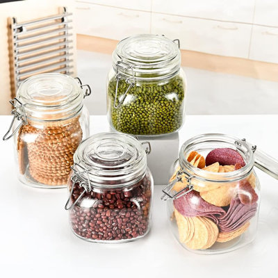 Ensemble de 4 pots de rangement en verre carrés de 32 oz avec couvercles hermétiques, contenants de cuisine à large ouverture avec étiquettes et stylo