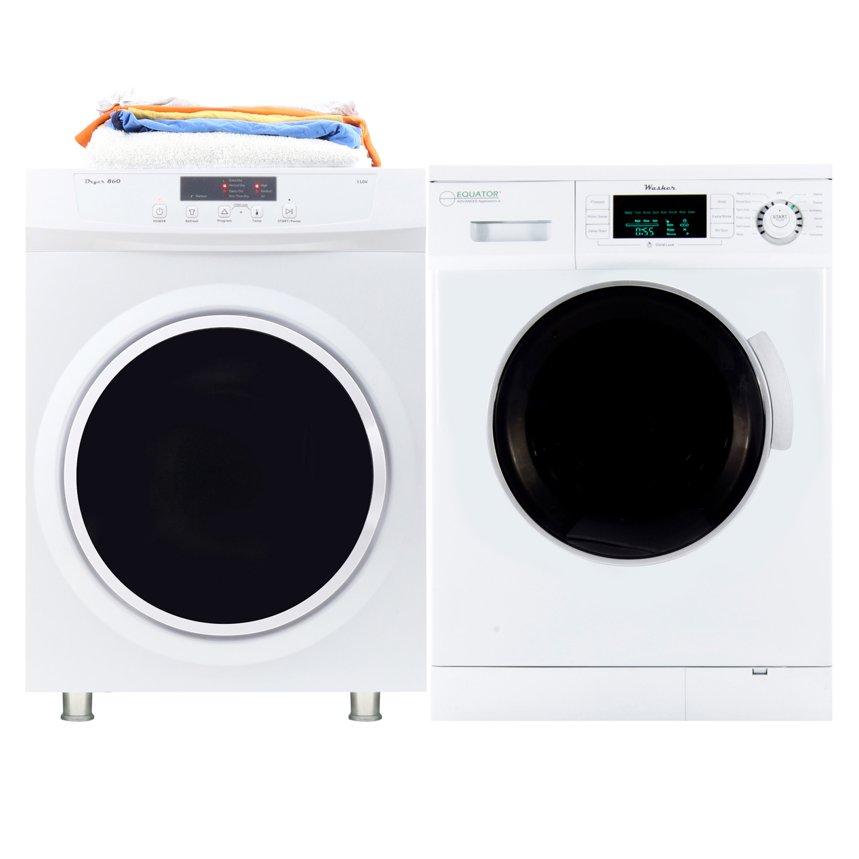 Equator Digital Touch Apartment 110V Set 18lbs Washer+Vented 3.5cf Sensor Dryer - White