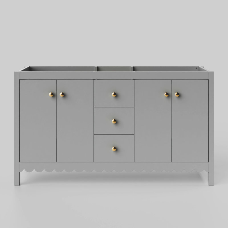 Scalloped 60 Inch Double Bowl Vanity - Light Grey - No Top - Gold Knobs, Gray, Gold