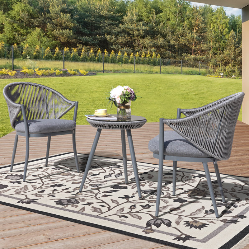 Brandsville 32.3" H 2-Person Round Aluminum Bistro Set with Cushions, Gray