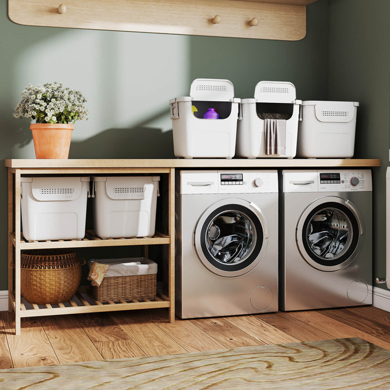 3 bacs de rangement en plastique avec porte avant et poignées latérales pour la cuisine, chambre blanche