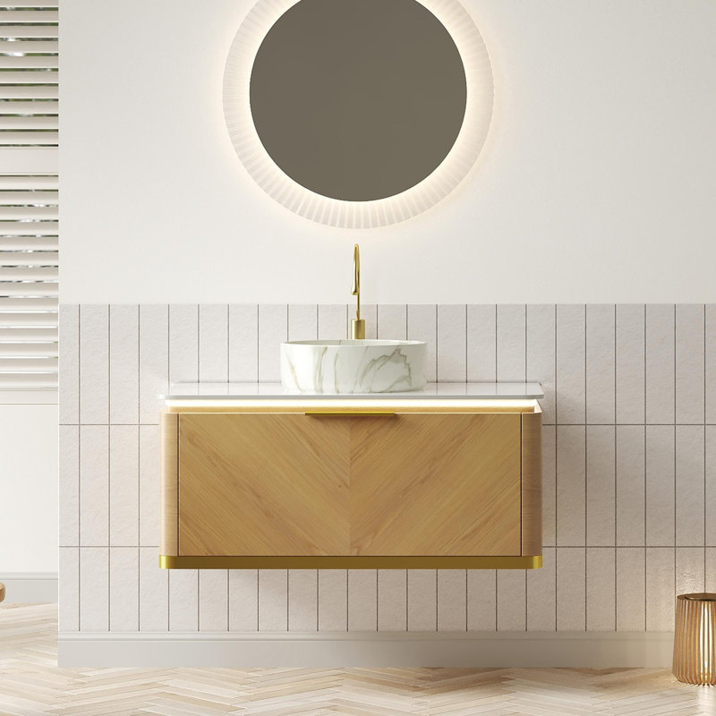 Meuble-lavabo 36 po, meuble de rangement flottant en contreplaqué, tiroir avec poignée et capteur de lumière, vasque en céramique à motif de pierre et plateau en pierre frittée, pré-assemblé
