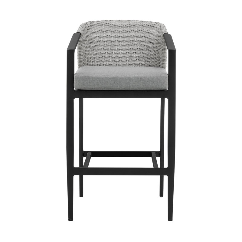 Abalone Outdoor Patio Barstool in Aluminum and Wicker with Grey Cushions, Bar Stool (30" Seat Height)