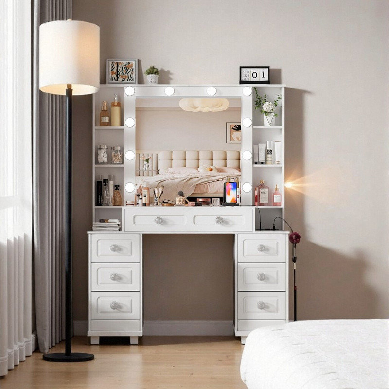 44 Inch Makeup Vanity Desk with LED Mirror, Charging Station Dressing Table with 7 Drawers