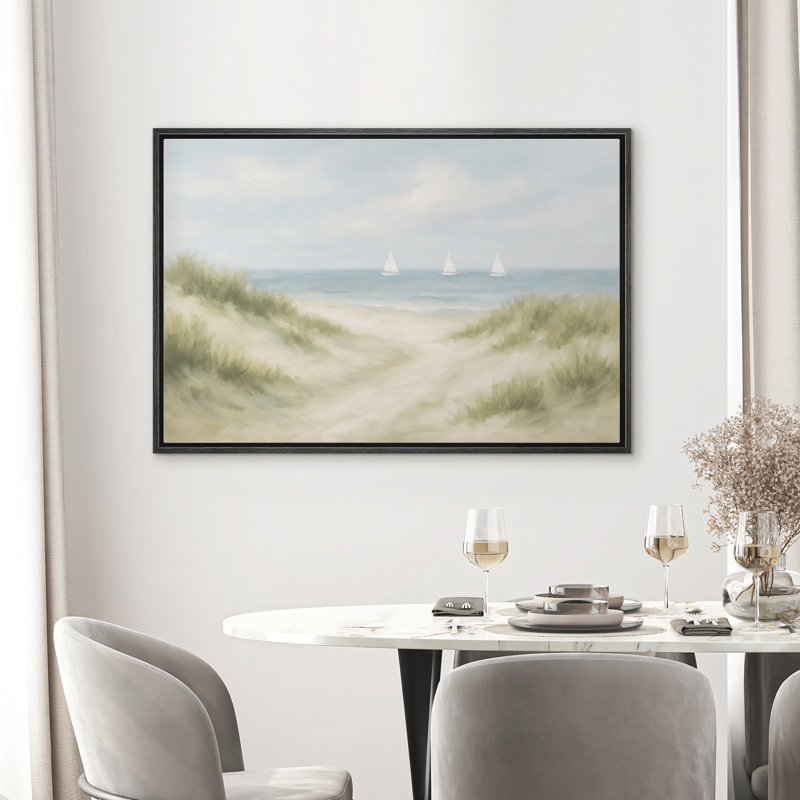 Bord de mer, dunes et voiliers, paysage côtier, décor de plage, reproduction d'art sur toile encadrée, H 16 po x l 24 po