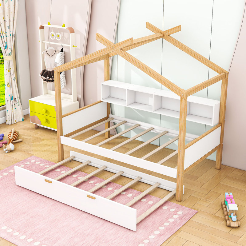 Twin Wooden Bed With Trundle And Bookshelf Storage