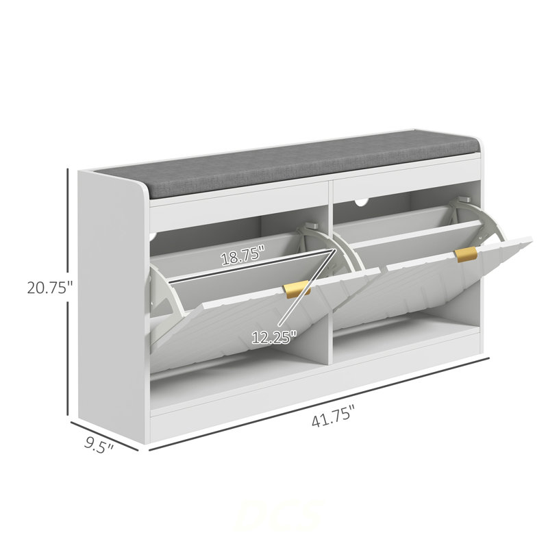 Banc à chaussures, banc d'entrée avec 2 tiroirs rabattables, coussin de siège et 2 évents pour 8 paires de chaussures pour le couloir, blanc, rangement pour chaussures