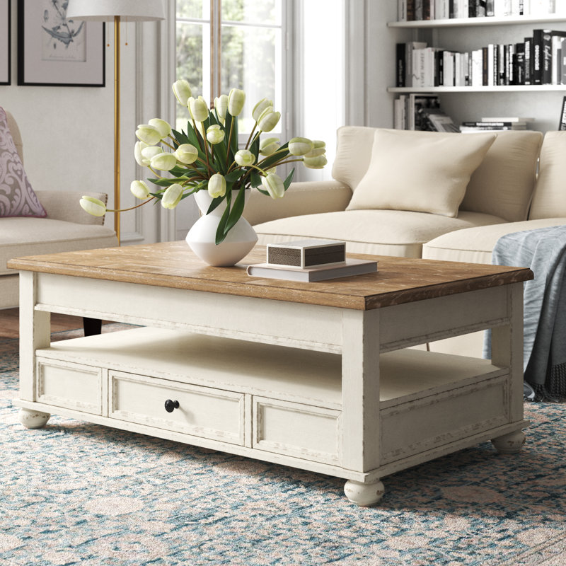 Table basse à plateau relevable Milaca, Plateau brun / base blanche antique