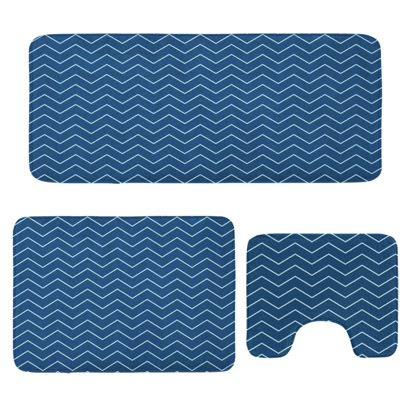  Modern Bathroom Rug Set 3 Pieces U-Shape & Rectangle Mats Pale Blue and Dark Blue