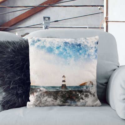 Lighthouse and Seascape at Dusk Watercolour Cushion with Filling