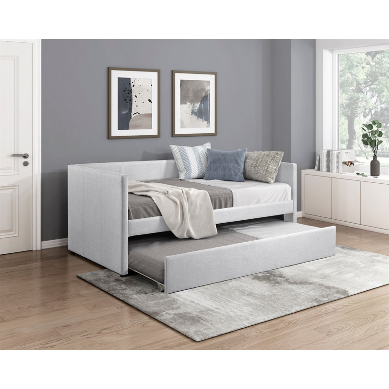1Pc Daybed With Trundle Gray Fabric Upholstery Wooden Frame Modern Home Furniture, Gray