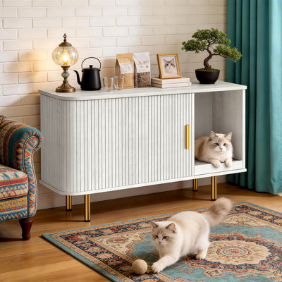 Enceinte de litière pour chat 38,5 "avec tablette à gratter et porte de tambour coulissante