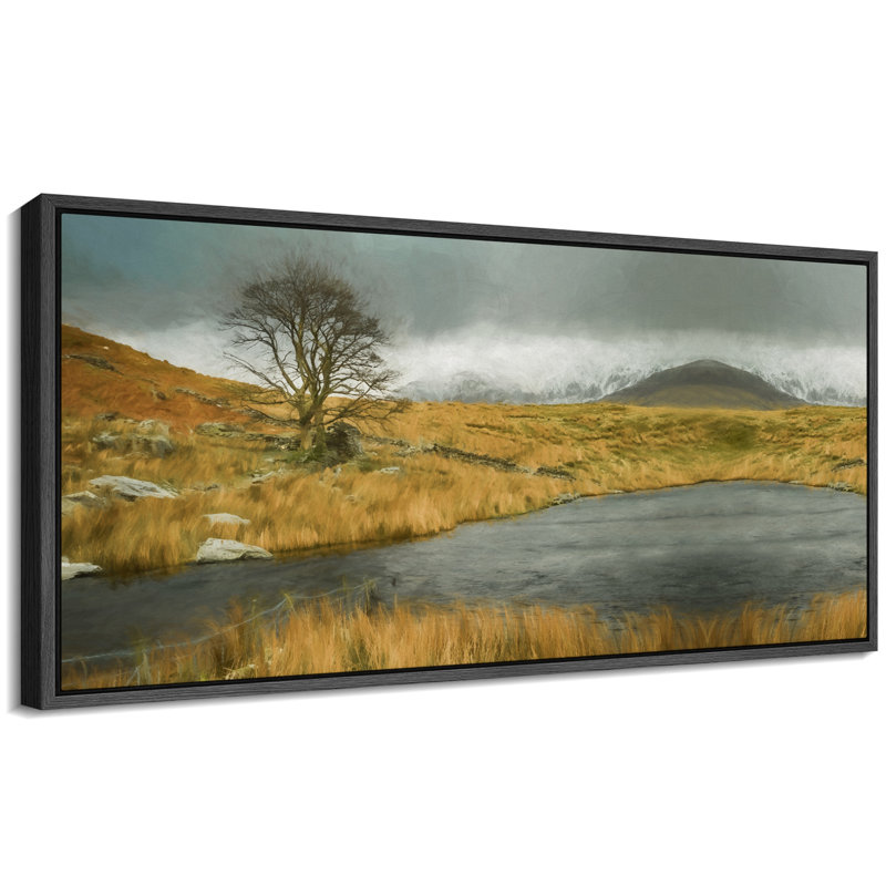 "Paysage tranquille avec arbre solitaire et étang, œuvre d'art rétro très grande peinture", 30" H x 60" W, Black